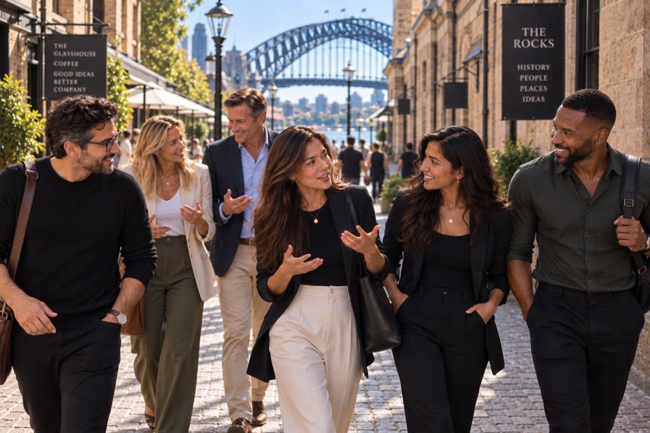 The Staff team walking together through The Rocks in Sydney.